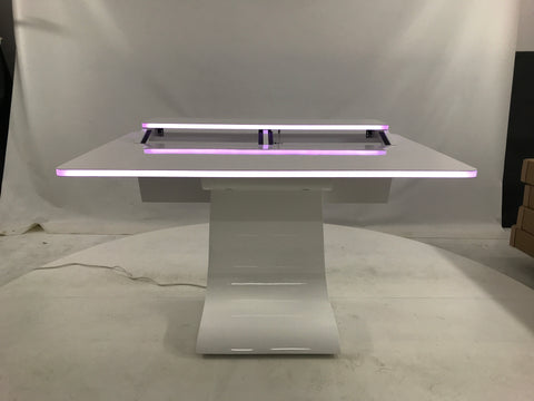 White studio table with LED strip lights on a white background
